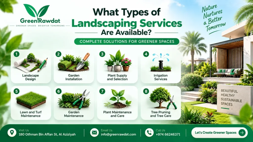 Types of landscaping services in Qatar featuring Green Rawdat, including landscape design, garden installation, plant selection, irrigation, lawn and turf maintenance, garden maintenance, plant care, tree pruning, and tree care for residential and commercial outdoor spaces.